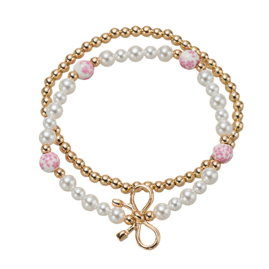 Kids Pink Floral Bead, Set of 2 Bracelet with Bow in Body