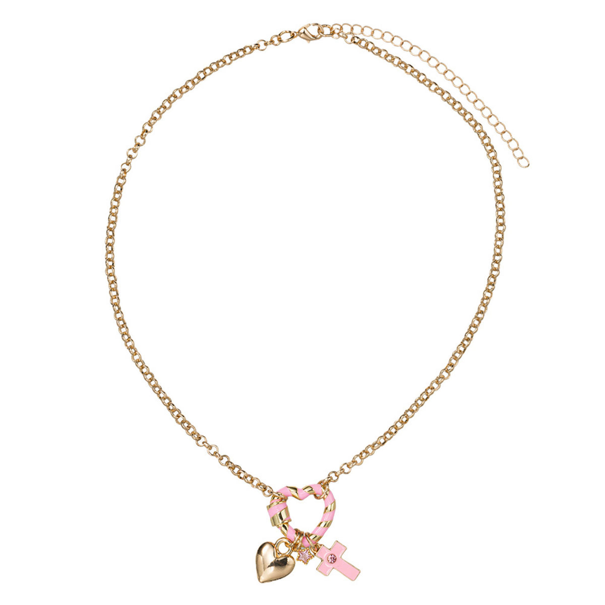 Kids Chain Necklace Pink Heart Carabiner with Cross & Heart