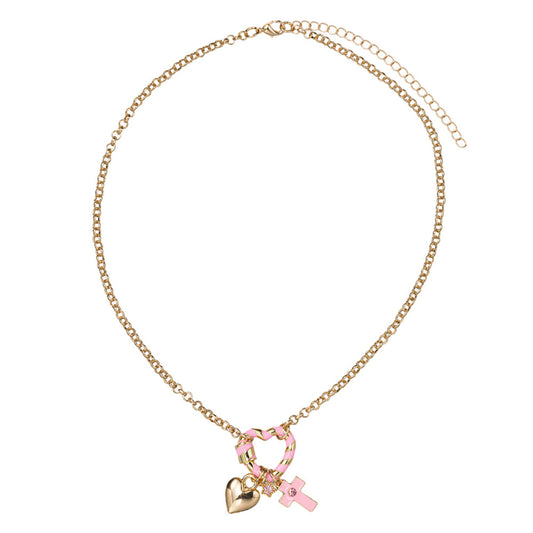 Kids Chain Necklace Pink Heart Carabiner with Cross & Heart
