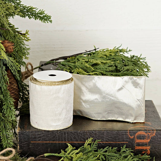 Ivory Velvet Wired Christmas Ribbon with Gold Backing – 4" x 10 Yards
