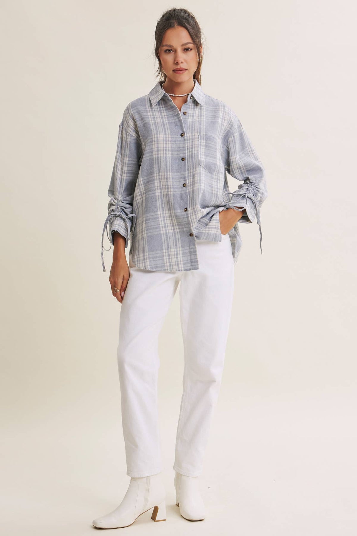 The Merritt Ruched Sleeve Plaid Shirt