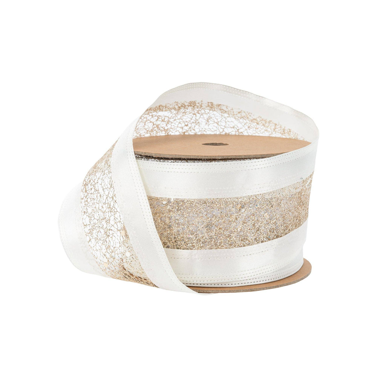 2 1/2" Wired Ribbon | Gold Mesh with White Satin Edge | 10 Yard Roll