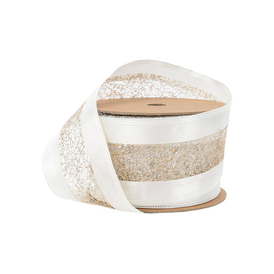 2 1/2" Wired Ribbon | Gold Mesh with White Satin Edge | 10 Yard Roll
