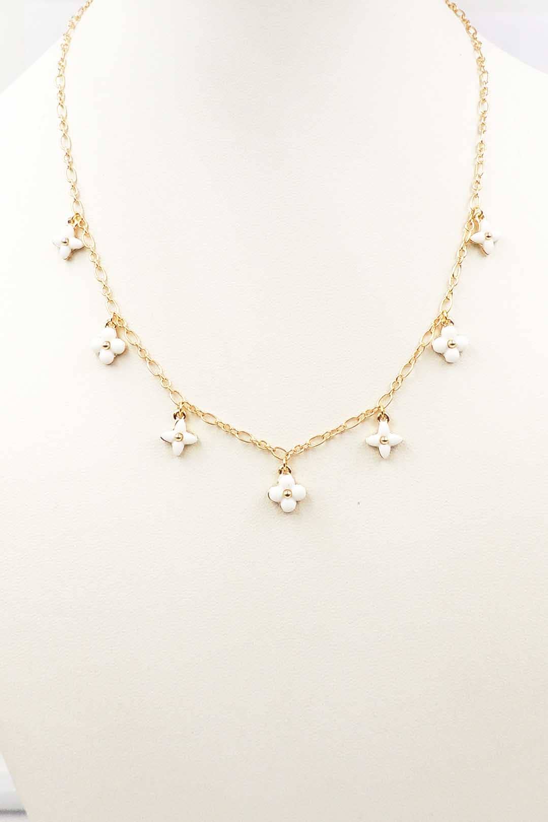 Gold Chain with White Enamel Clover Charms 16"-18" Necklace