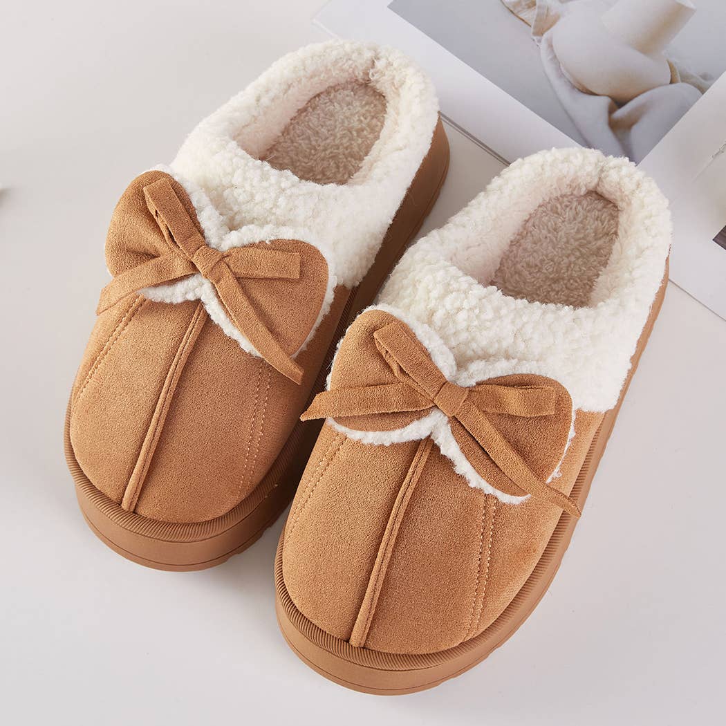 Cozy Faux Fur Lined Bow Indoor Slippers: CAMEL, ONE SIZE