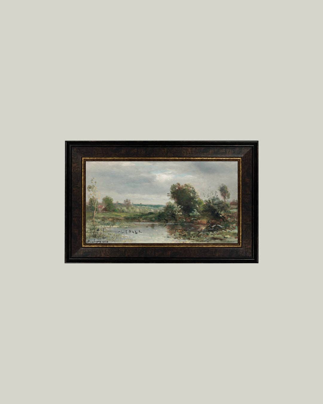 Ducklings on a Lake Framed Antique Art: 32x18