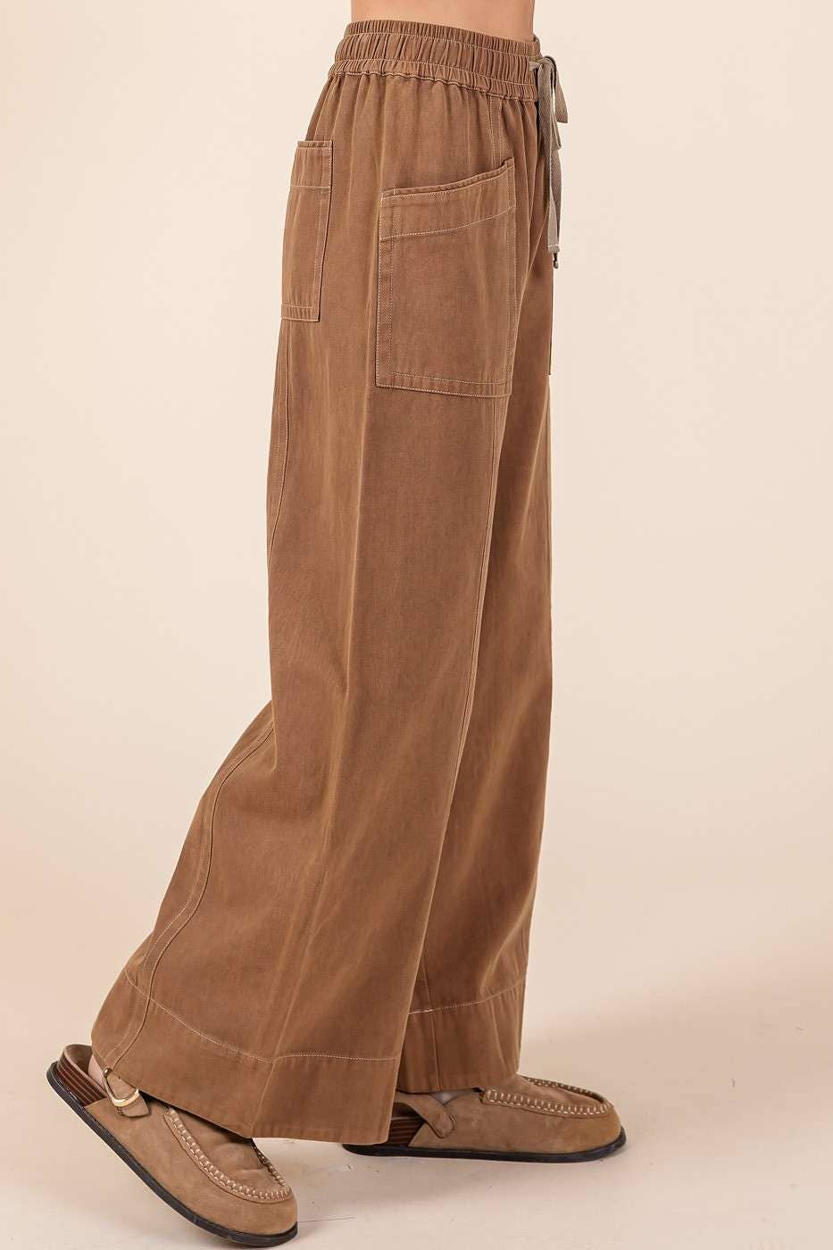 MINERAL WASH WIDE LEG ELASTIC WAIST TWILL PANTS: RED BEAN, S-M-L(2-2-2)