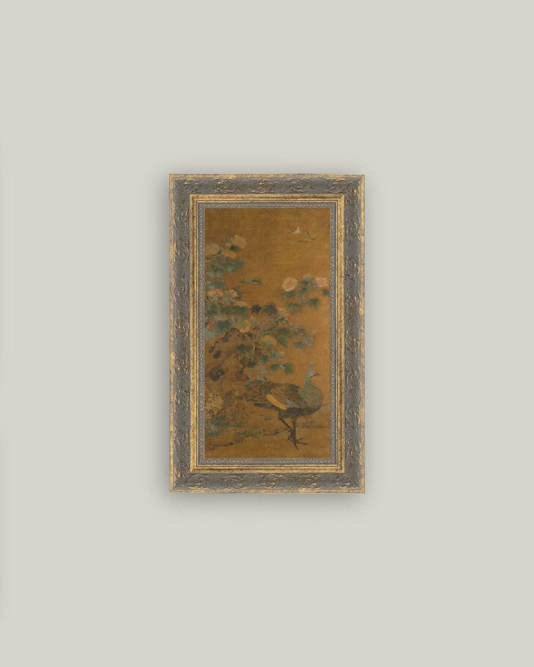 Peacock and Hollyhocks Framed Antique Art: 5x7