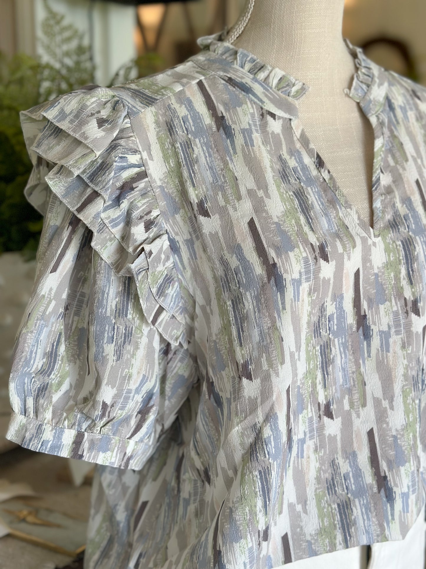 Grey Mix Print Short Sleeve Peasant Top-Curvy