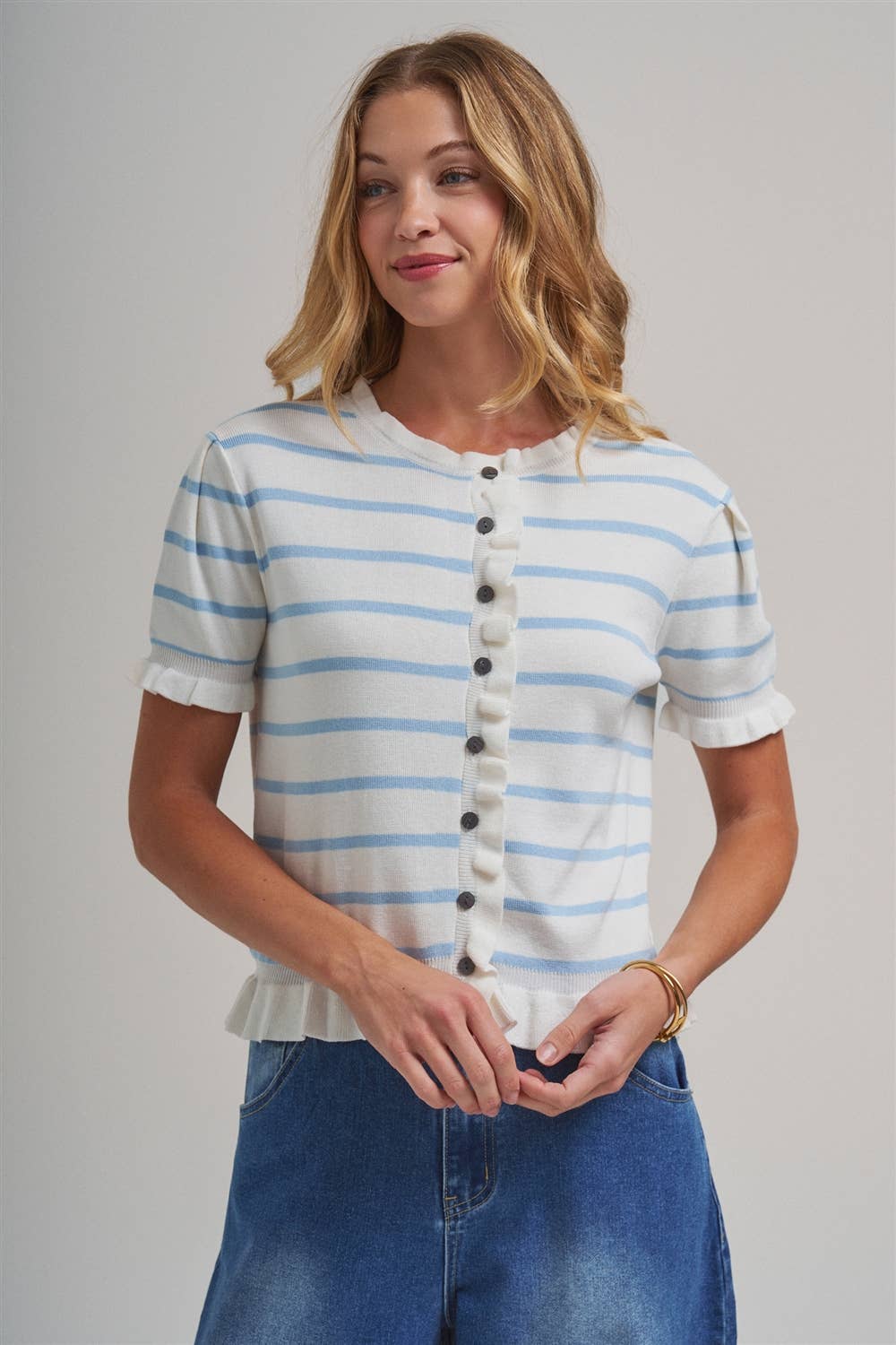 STRIPE KNITTED SWEATER BUTTON DOWN CARDIGAN TOP WITH RUFFLE : TAUPE/IVORY, S-M-L(2-2-2)