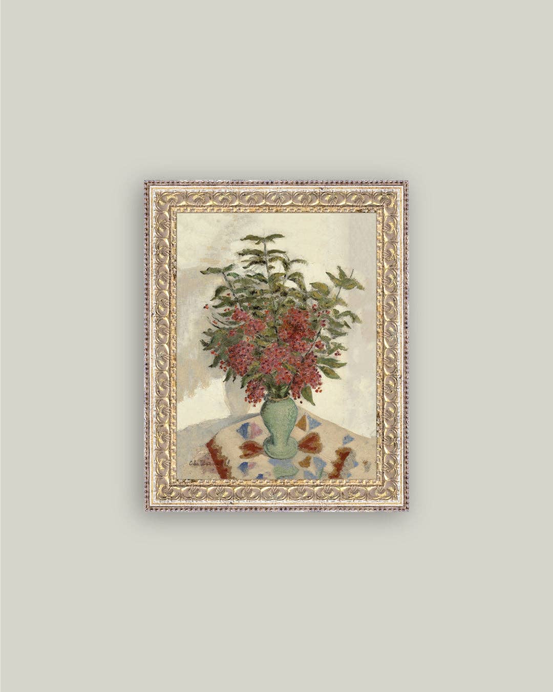 Red Hydrangeas Framed Antique Art: 12x16