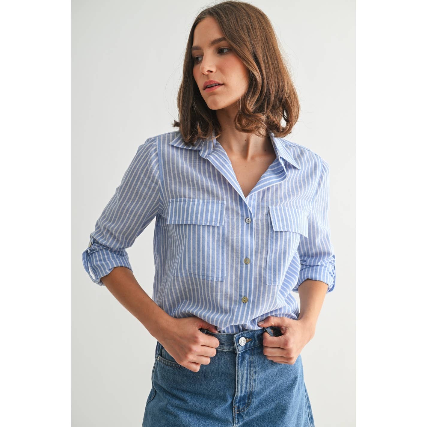 STRIPE 2POCKET SHIRTS: Navy, S-M-L(2-2-2)