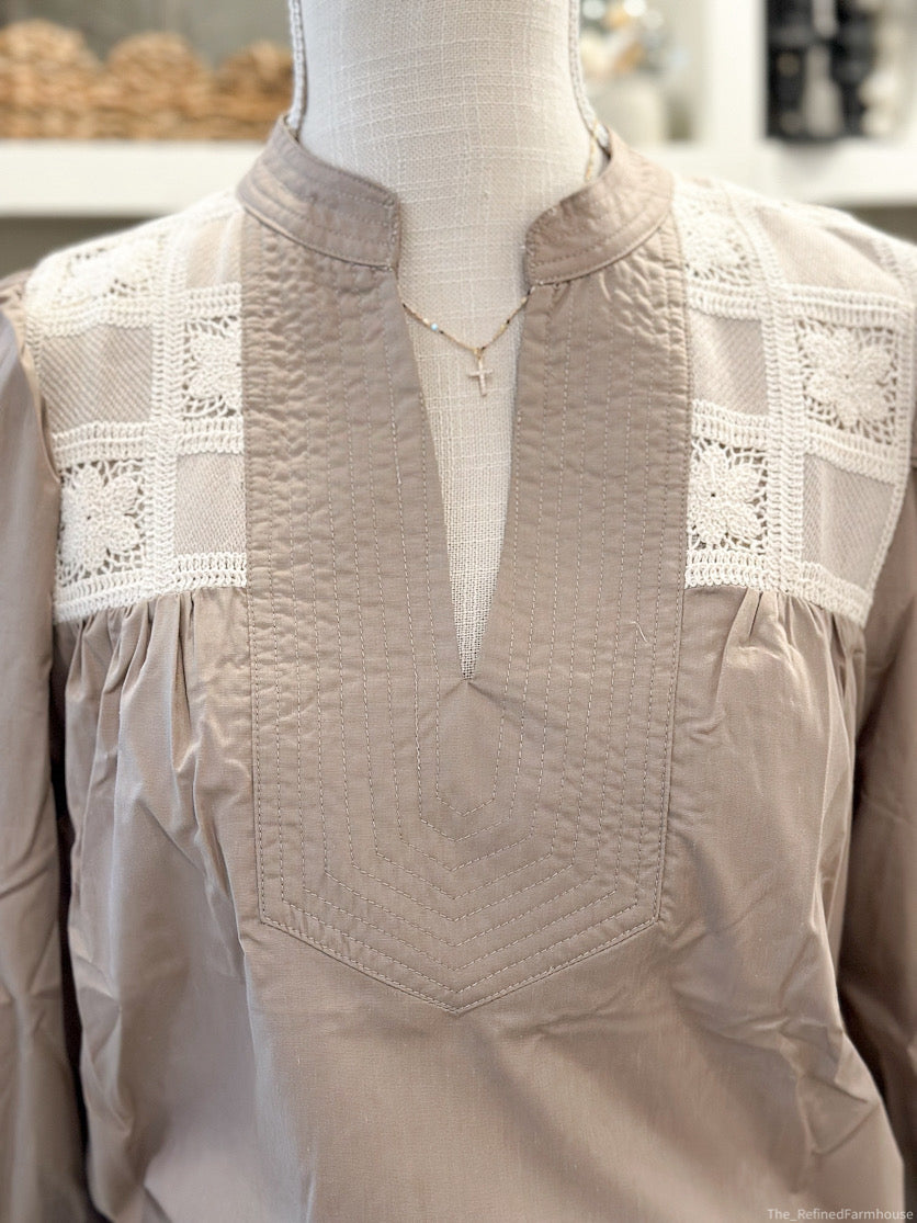 Mocha 3/4 sleeve v neck top featuring crochet lace detail