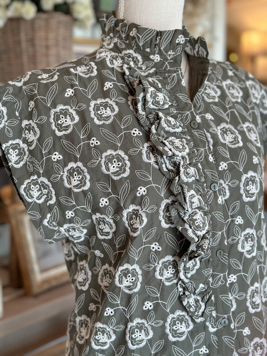 Olive Floral Print Cap Sleeve Top
