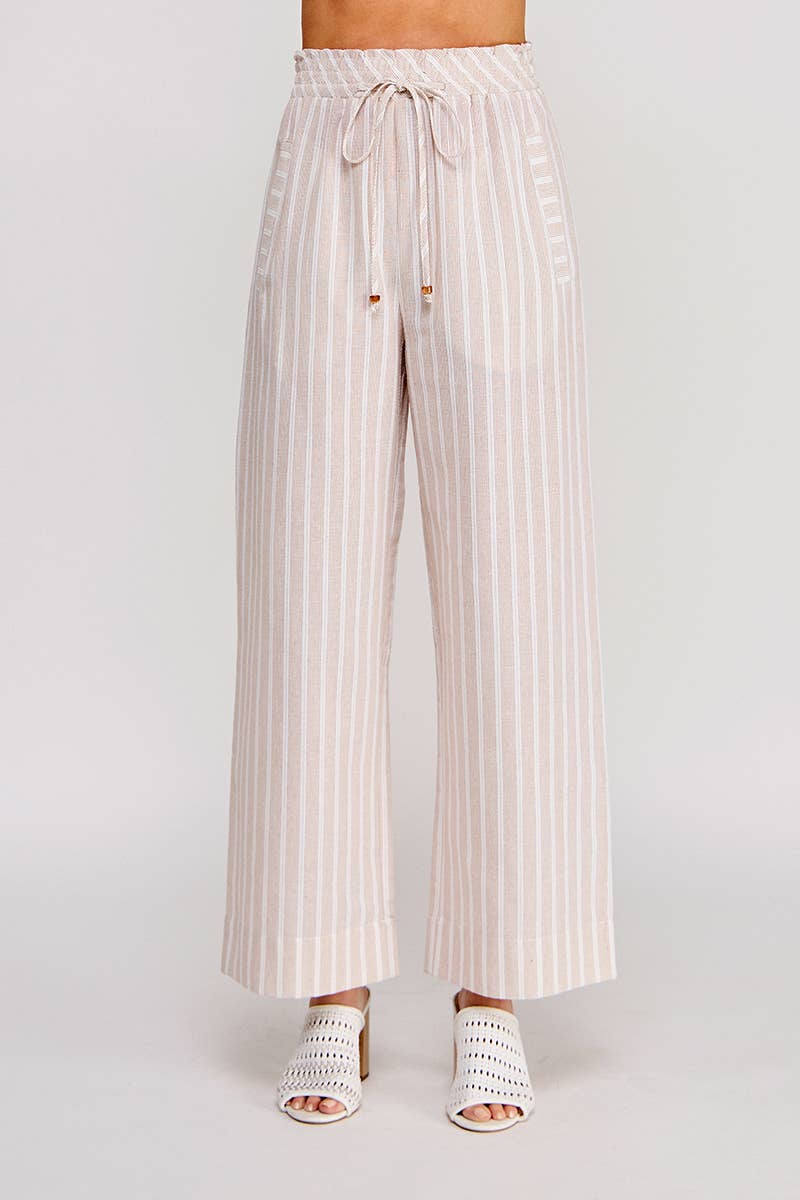 Striped Woven Smock Tie Waist Wide Leg Pants: Sand, S