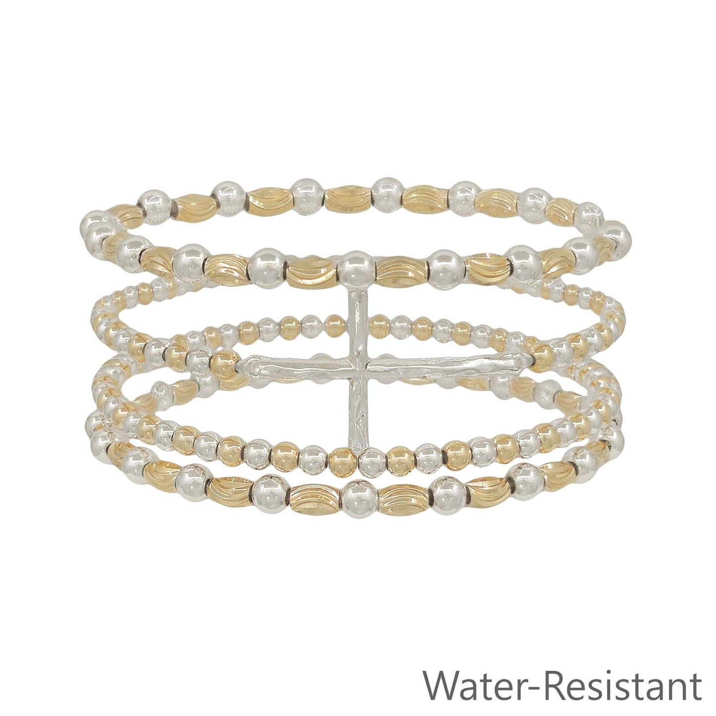 Water Resistant Set of 4 Gold and Silver Cross and 4MM Beaded Stretch Bracelets