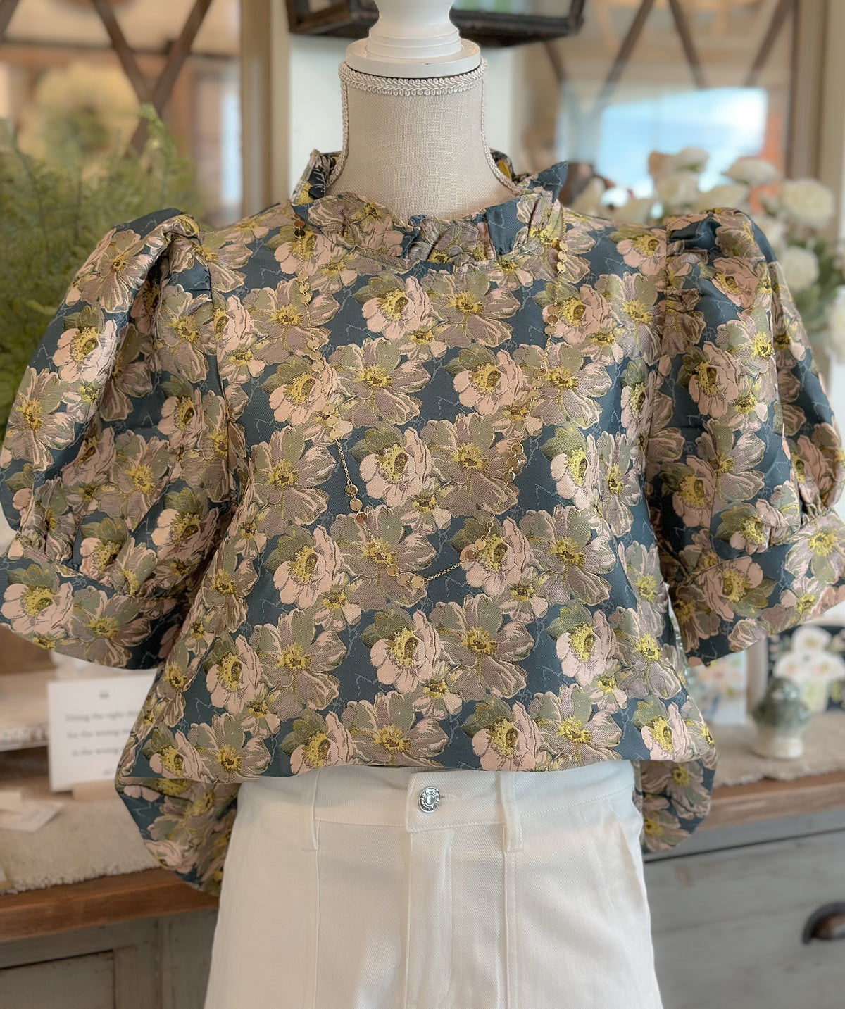 Slate Floral print jacquard ruffle neck puff sleeve top