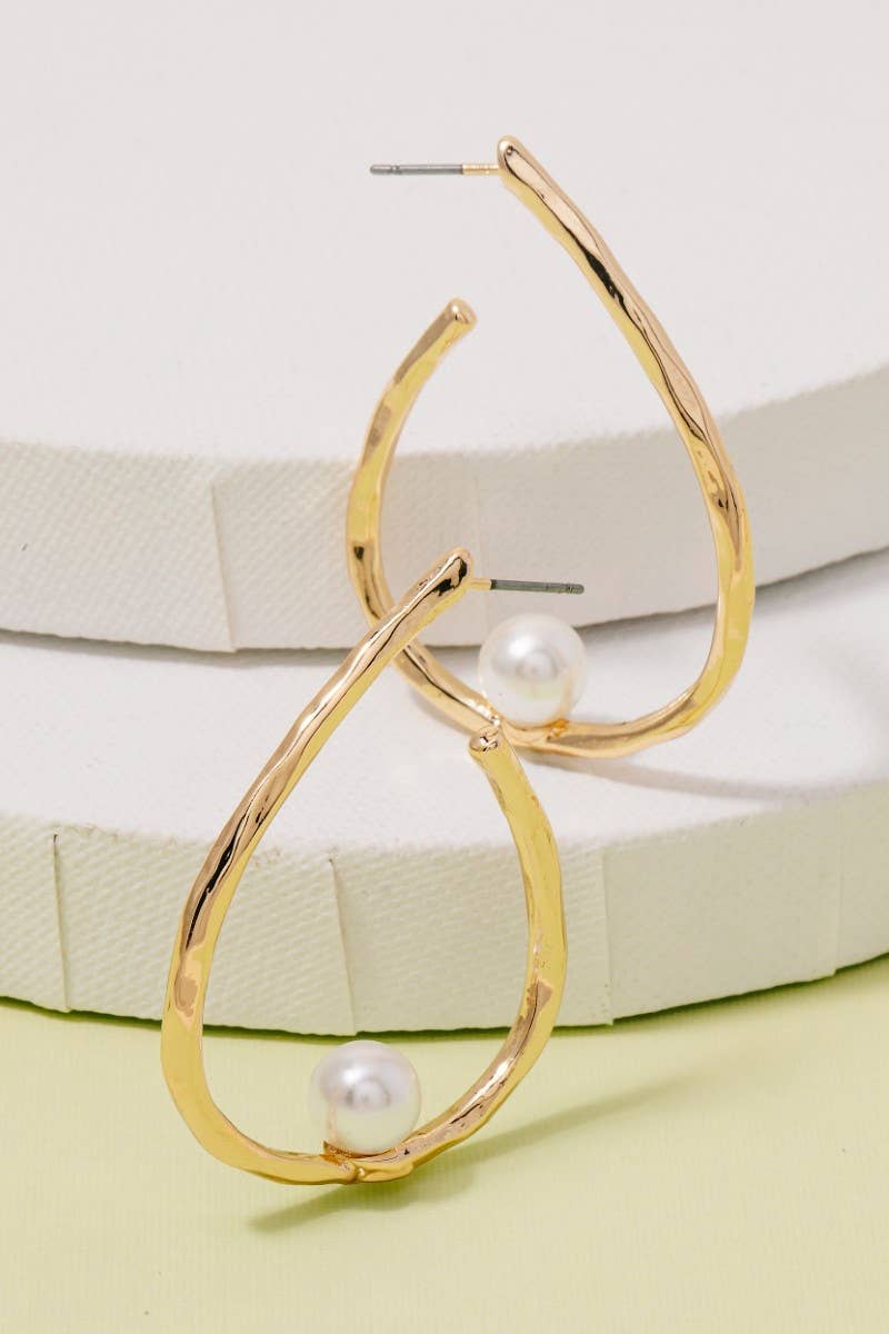 Pearl Bead Large Warped Metallic Teardrop Hoop Earrings