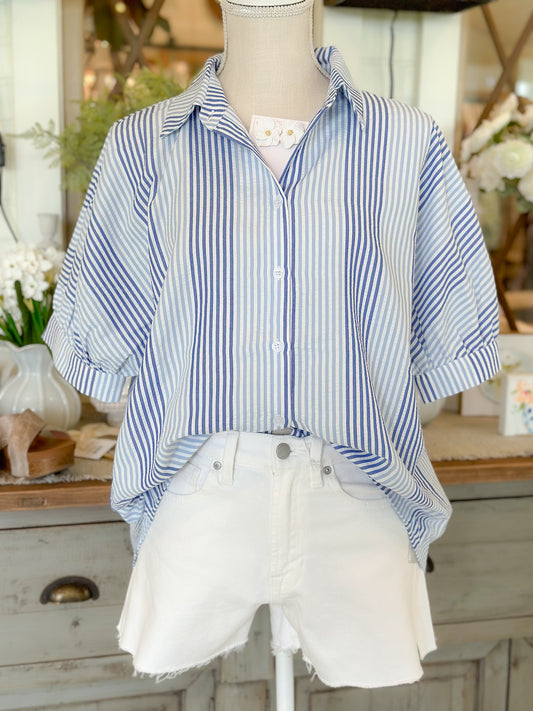 Blue/Denim Striped Collared 1/2 Dolman Sleeves Top