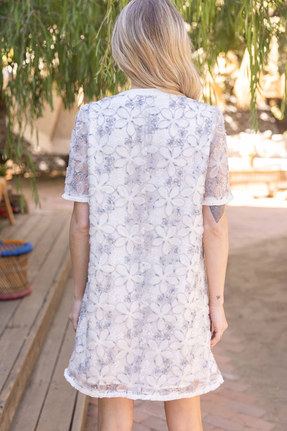 Fringed Floral Textured Mesh Shift Dress: Ivory