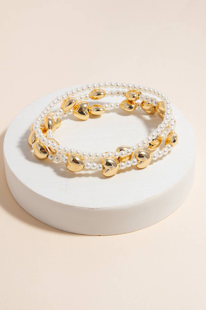Metallic Hearts And Pearl Beaded Bracelet Set: GDCRM