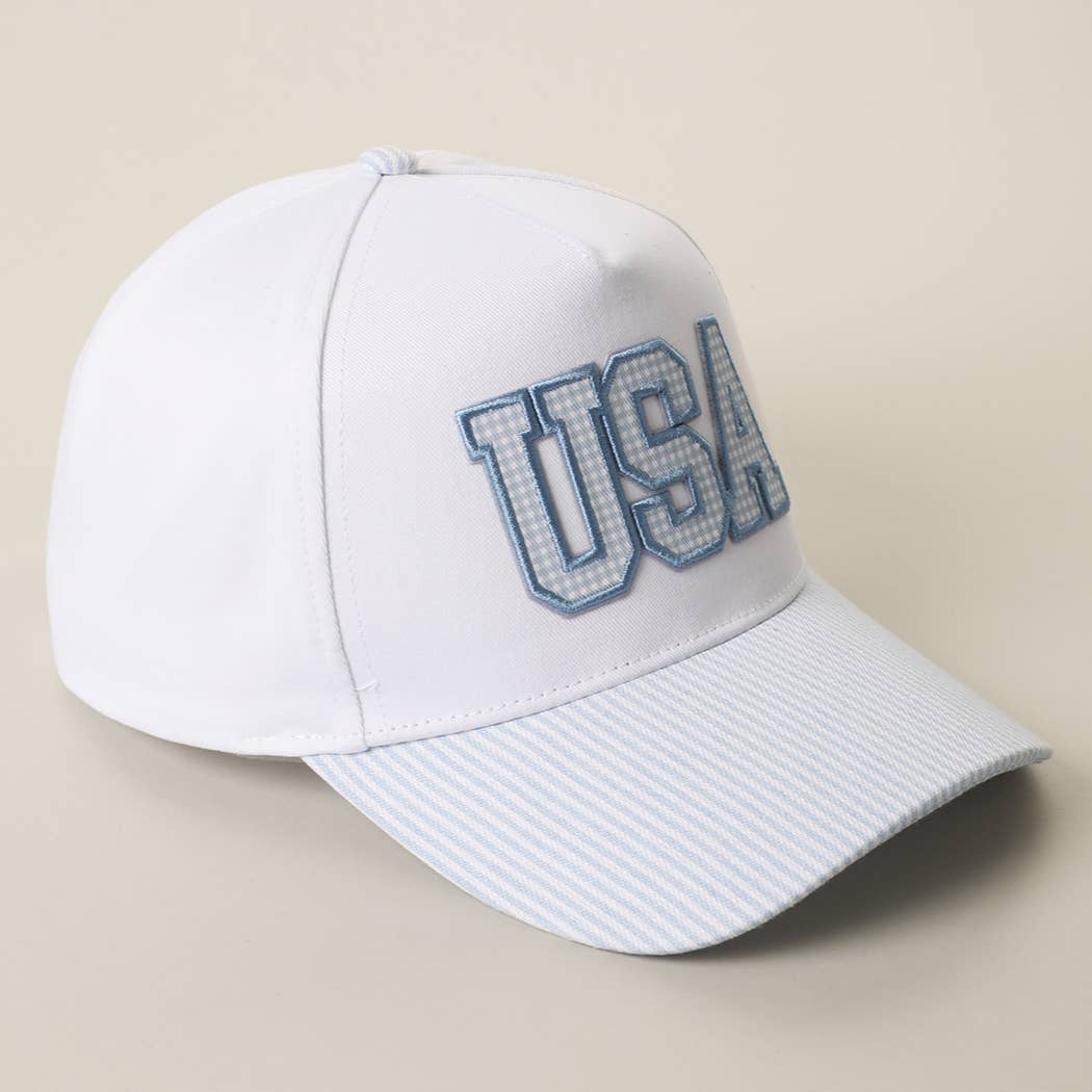 USA Gingham Embroidered Patch Stripe Brim Trucker Hat: BLUE, One Size