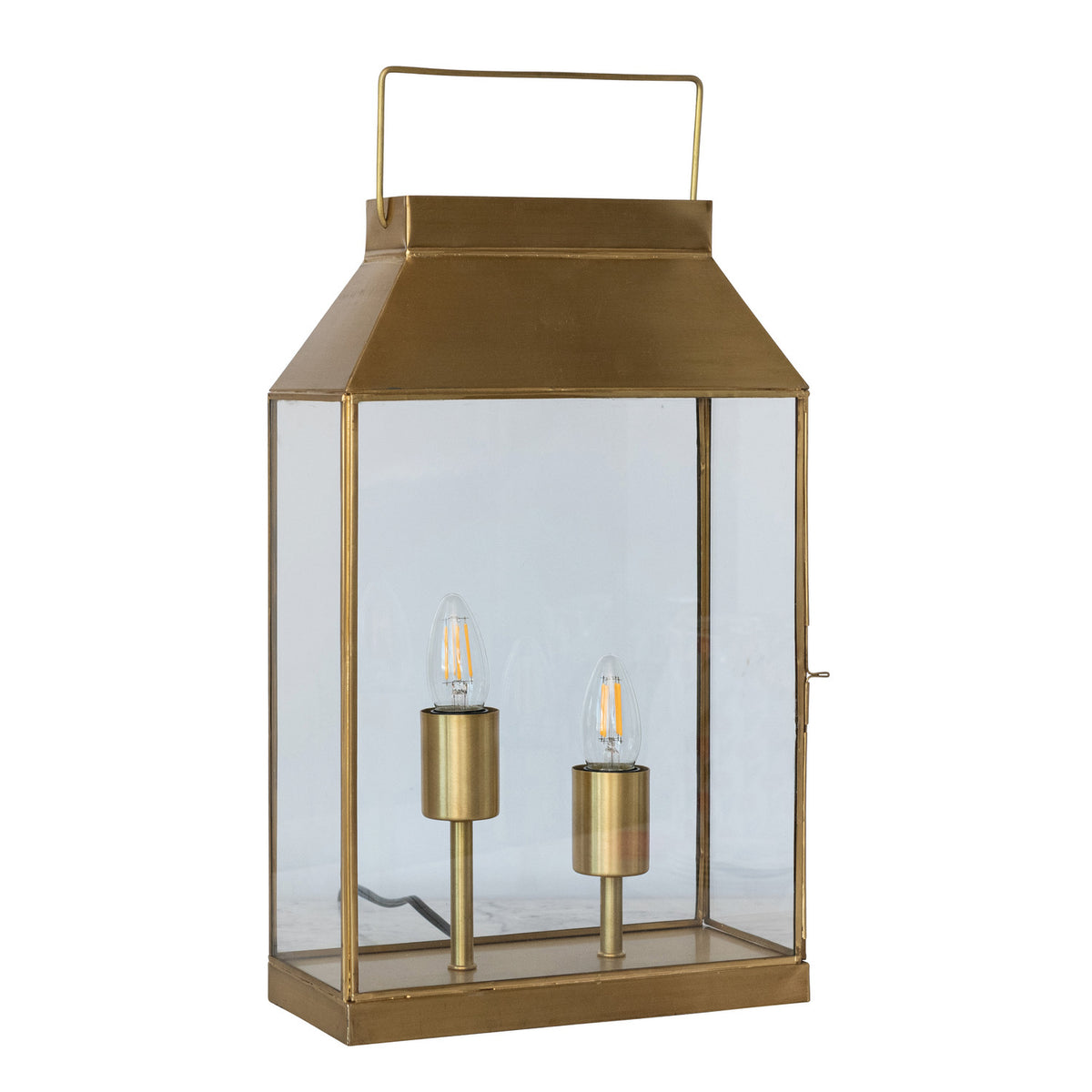 Glass & Brass Lantern Table Lamp with Handle, 2 Lights & Inline Switch