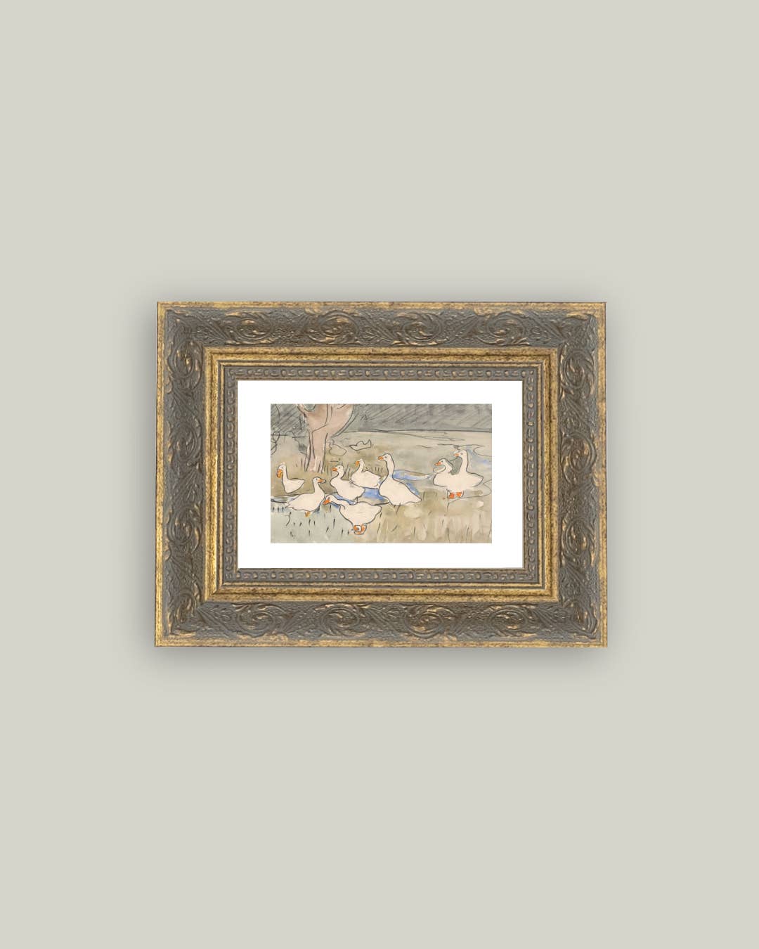 Geese Pond Framed Antique Art: 16x12