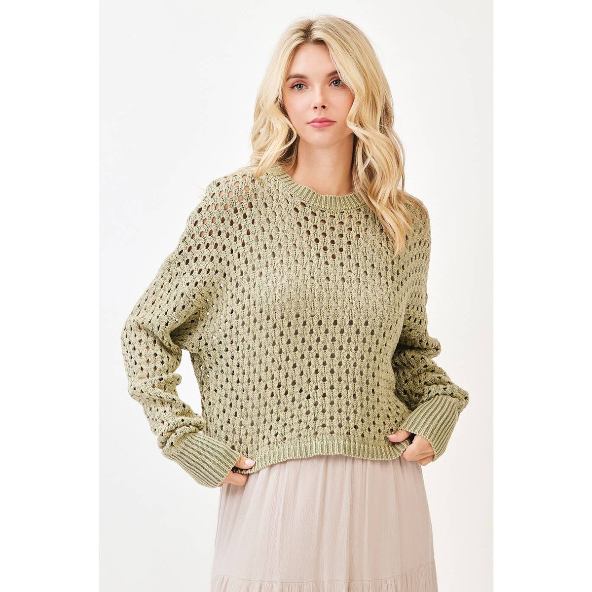Mineral Wash Crochet Pullover Sweater | Mocha