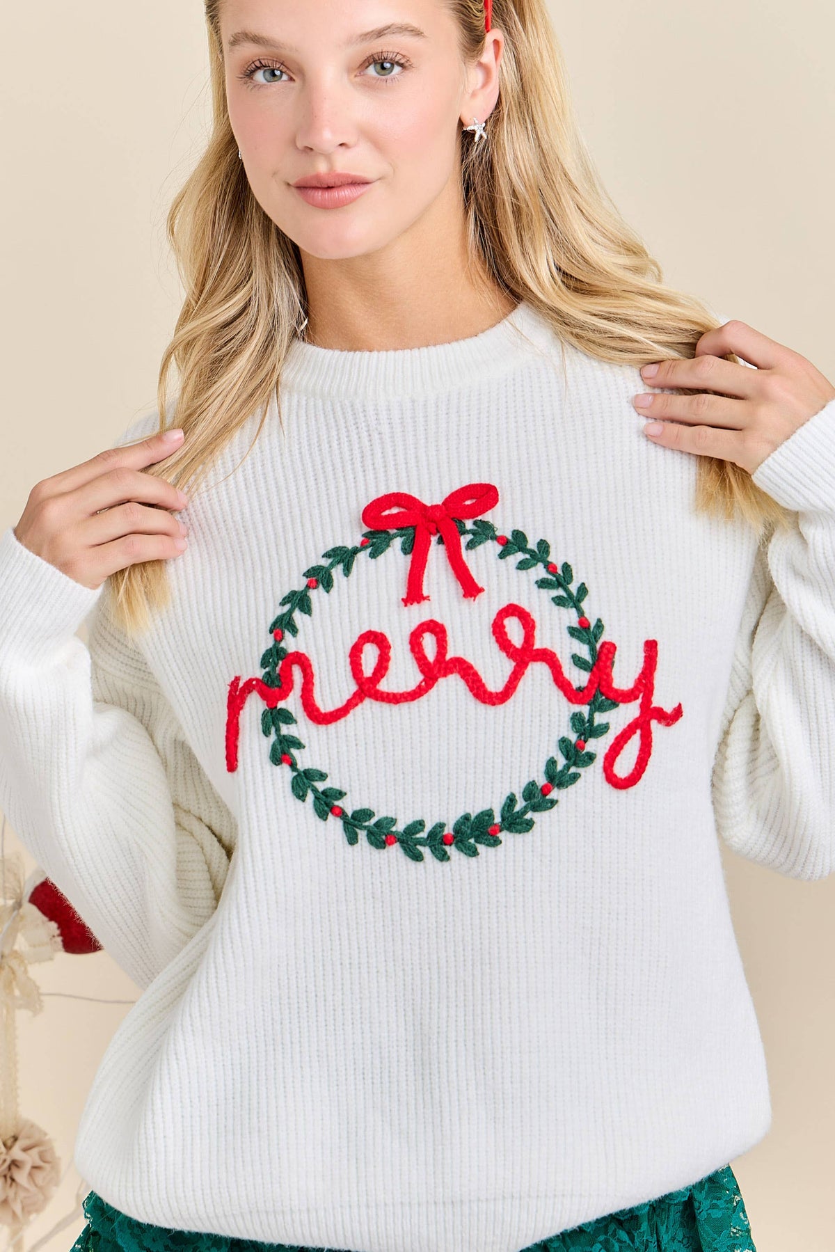 Merry Wreath Knit Sweater with Red Bow