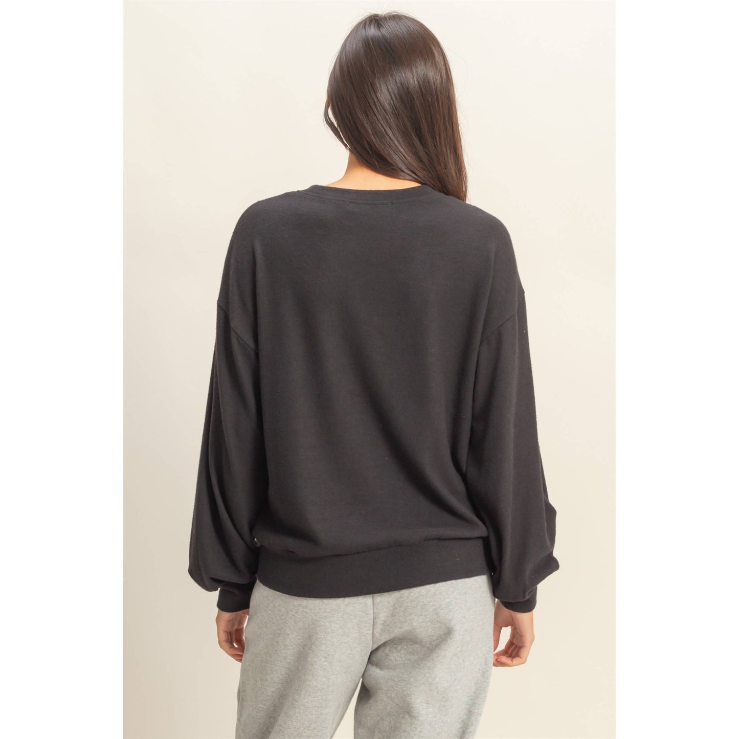 Round Neck Balloon Sleeve Sweatshirt | Black