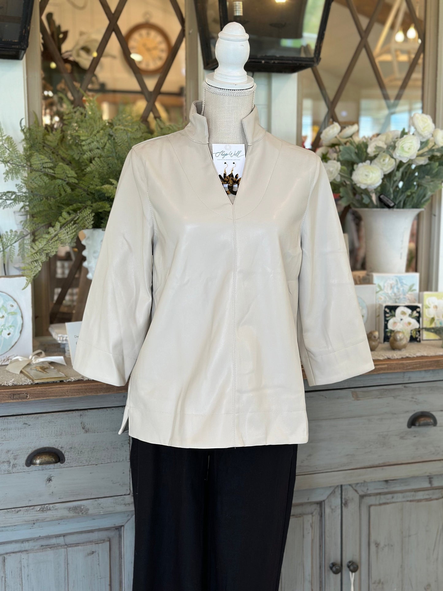 Ecru Faux Leather V-Neck 3/4 Sleeve Top