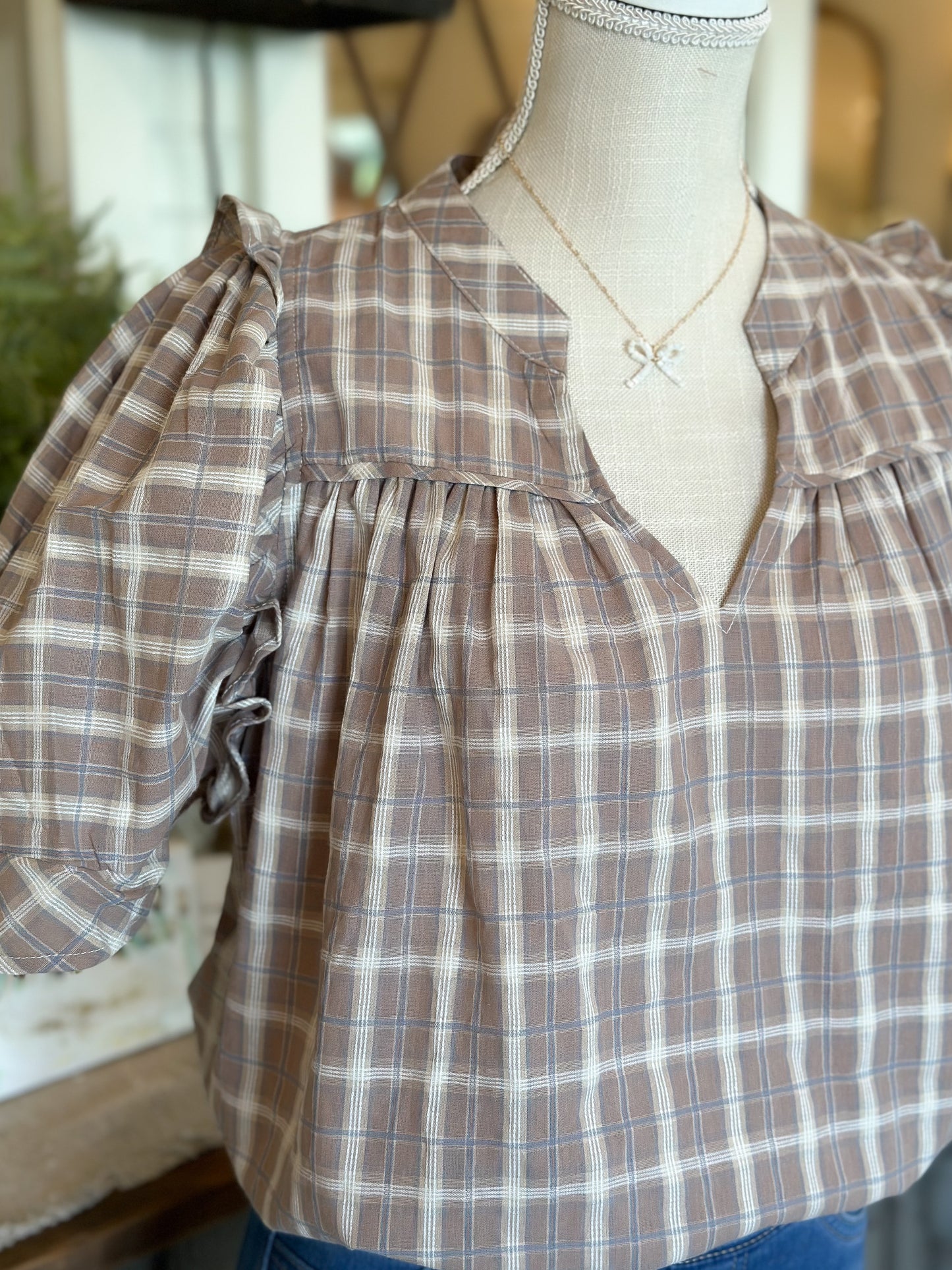Taupe Plaid V-Neck Short Sleeve Top