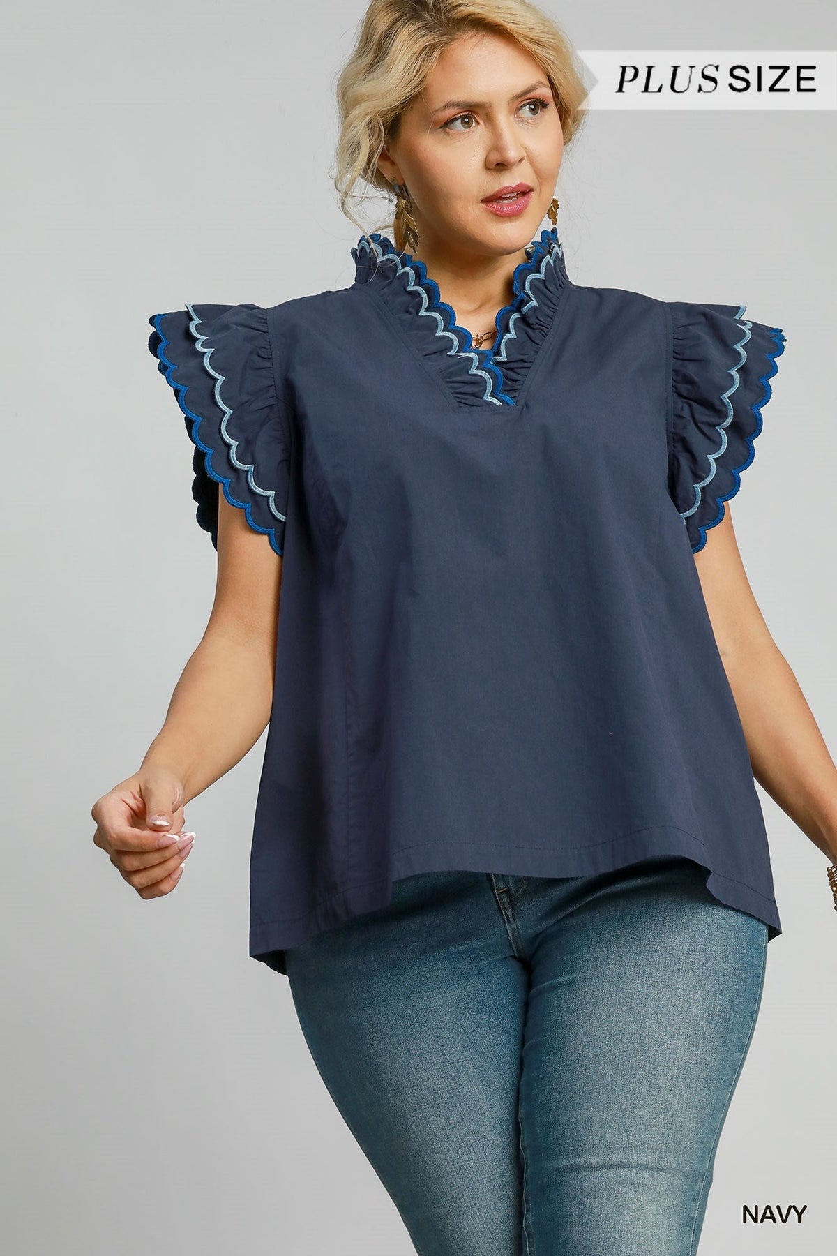 Scallop Trim Ruffle Sleeve Top - Curvy