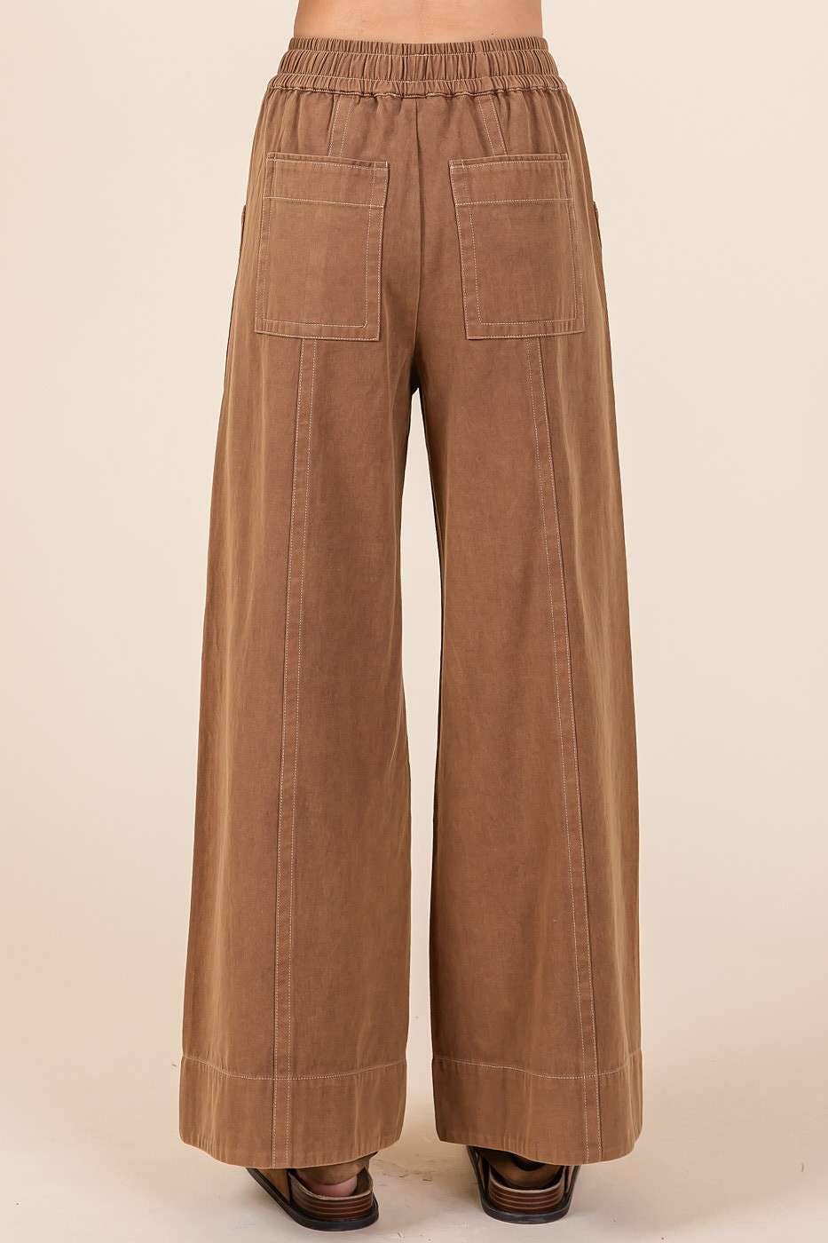 MINERAL WASH WIDE LEG ELASTIC WAIST TWILL PANTS: RED BEAN, S-M-L(2-2-2)