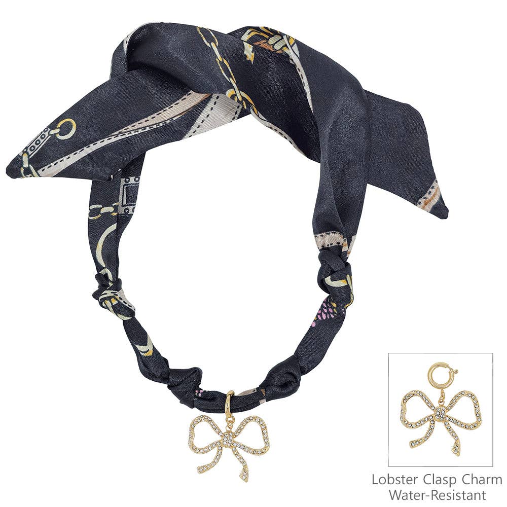 Black Knotted Scarf Necklace with Rhinestone Open Bow 1.5" Charm