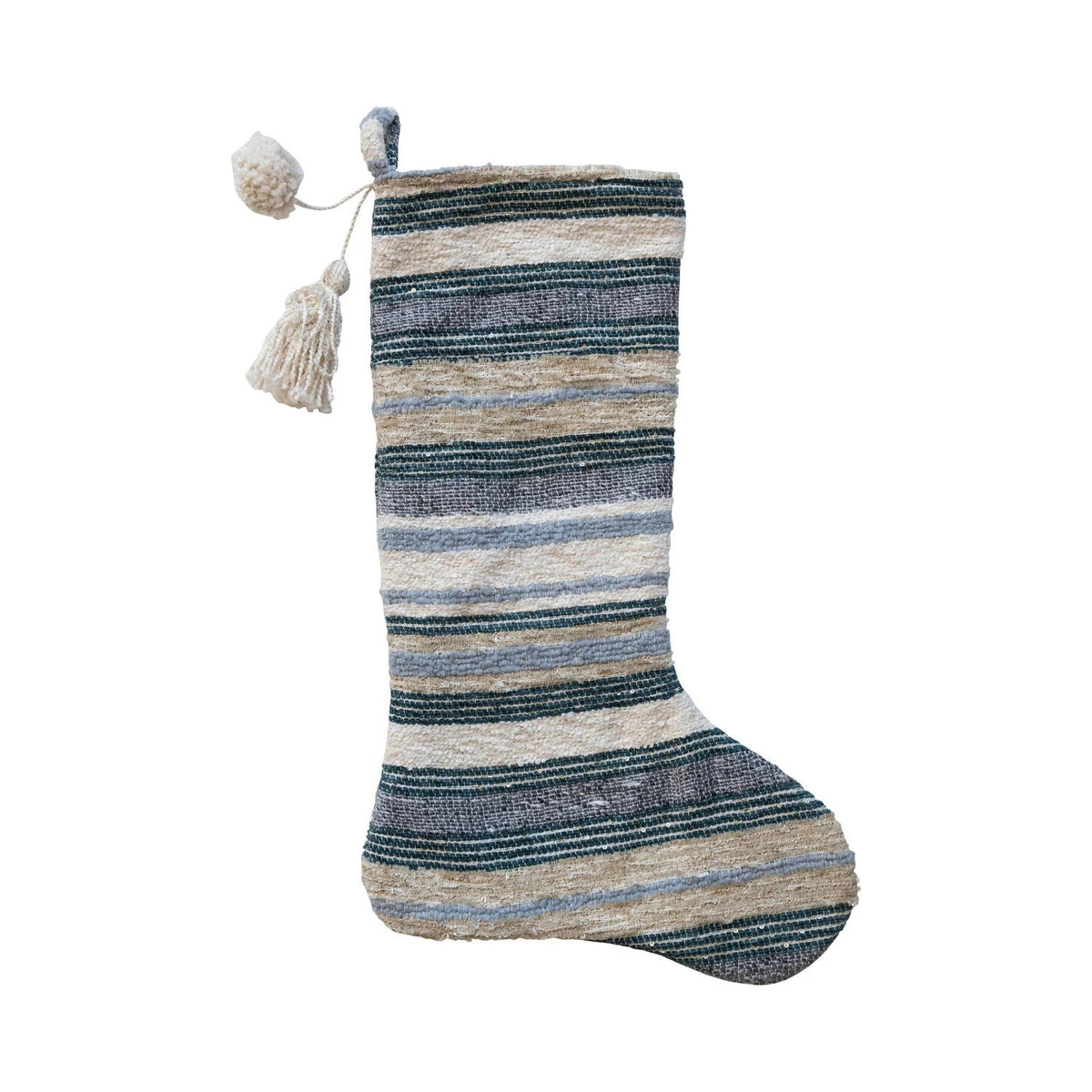 Stocking w/ Tufted Stripes, Sequins, Tassel & Pom Pom