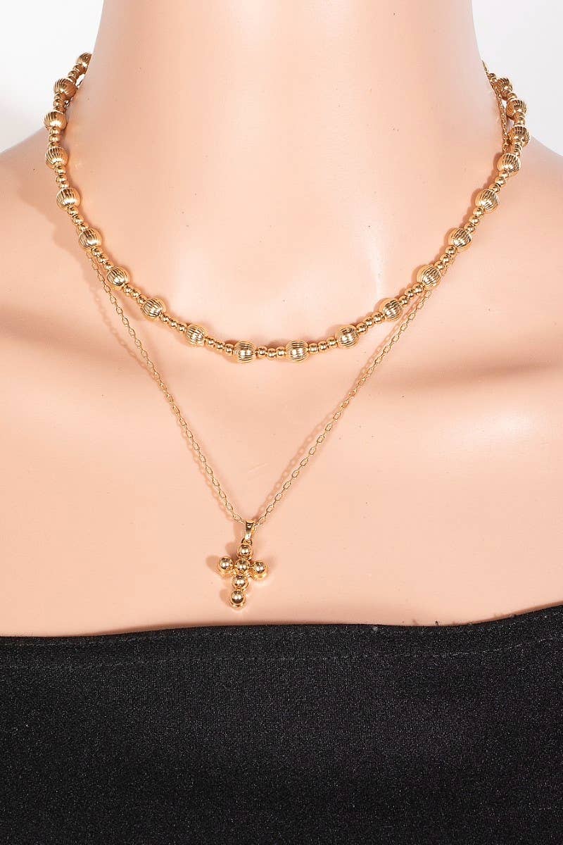 Metallic Beaded Cross Layered Necklace Set: GD