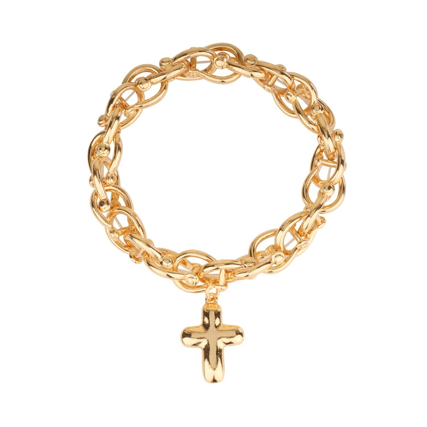 Gold Layered Metal Stretch Bracelet with Cross Charm Necklace