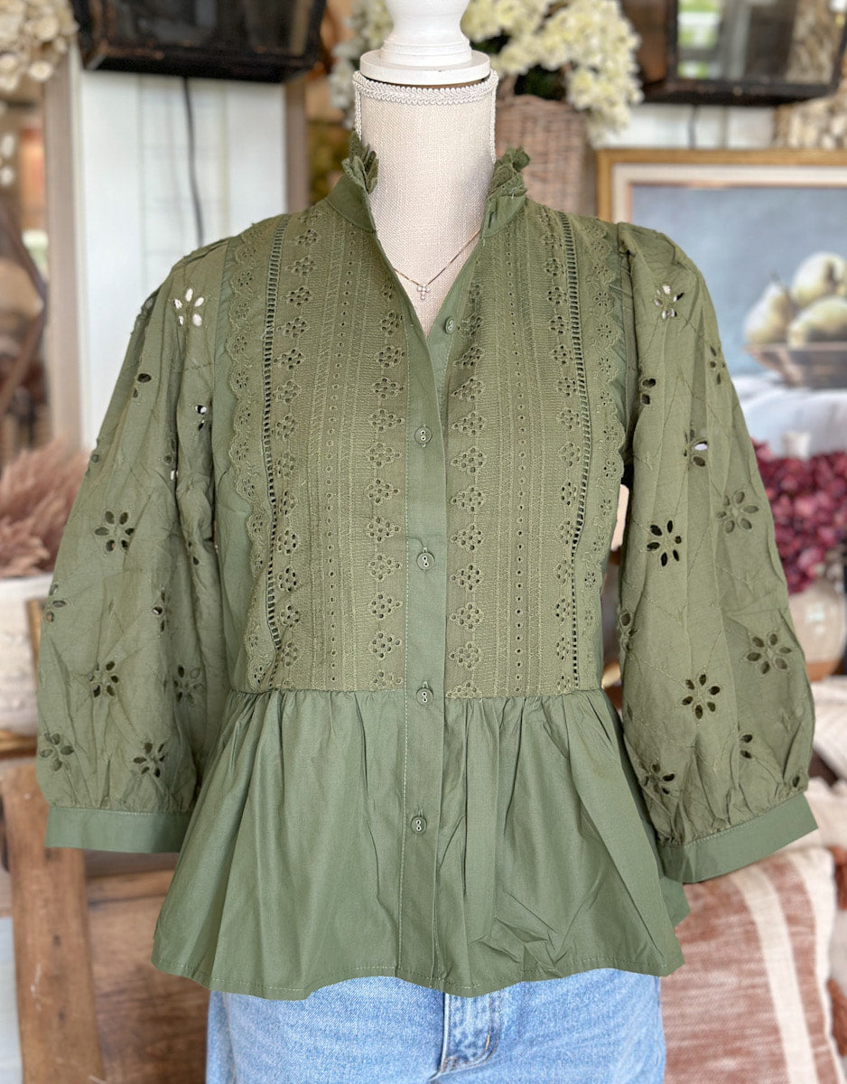 Olive Eyelet Lace 3/4 Sleeve Ruffled Top