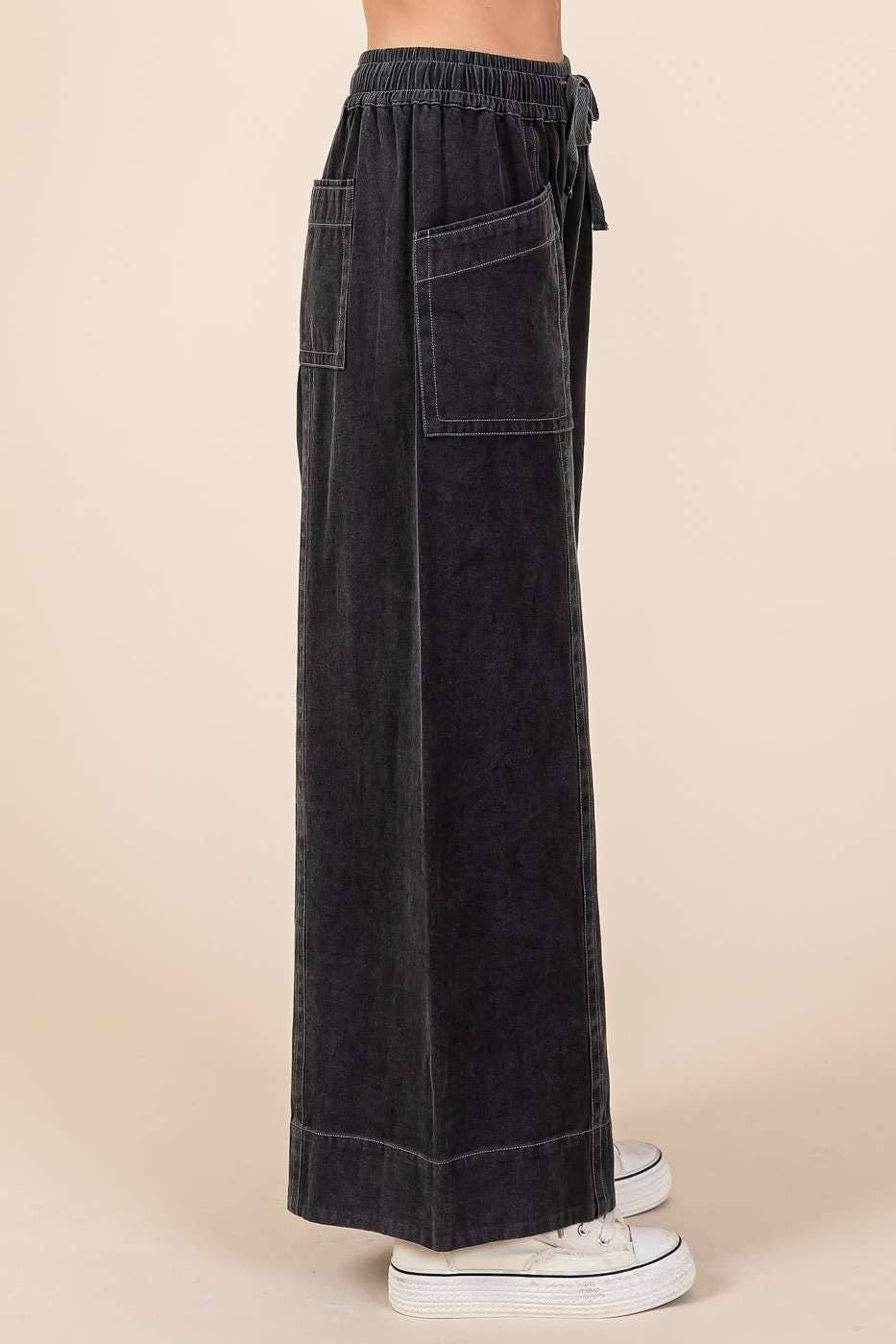 MINERAL WASH WIDE LEG ELASTIC WAIST TWILL PANTS: RED BEAN, S-M-L(2-2-2)