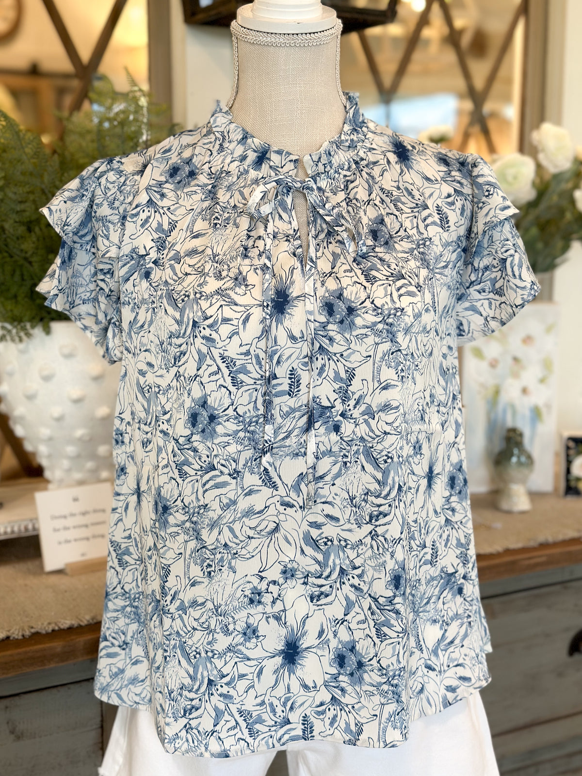 Blue/White Floral Print Self-Tie Neck Top