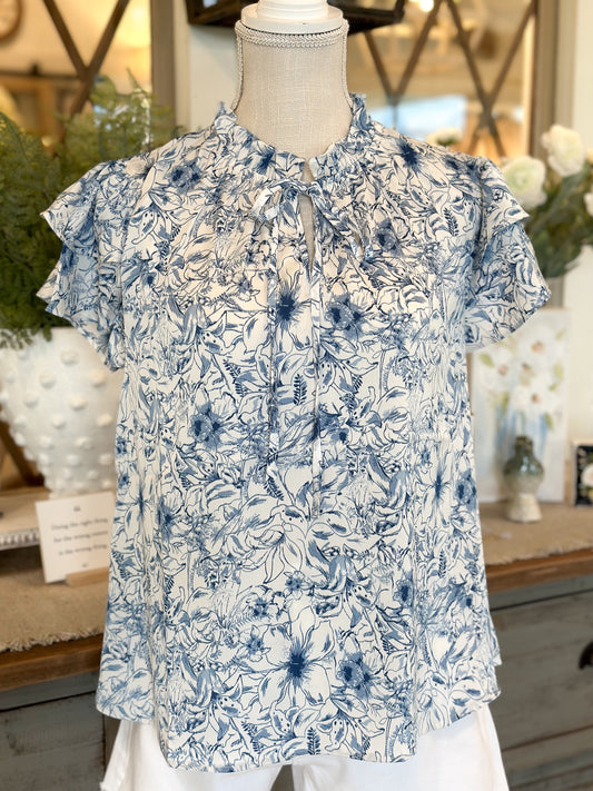 Blue/White Floral Print Self-Tie Neck Top