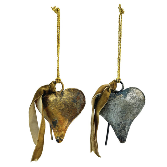 Metal Heart Shaped Bell Ornament with Brown Velvet Ribbon