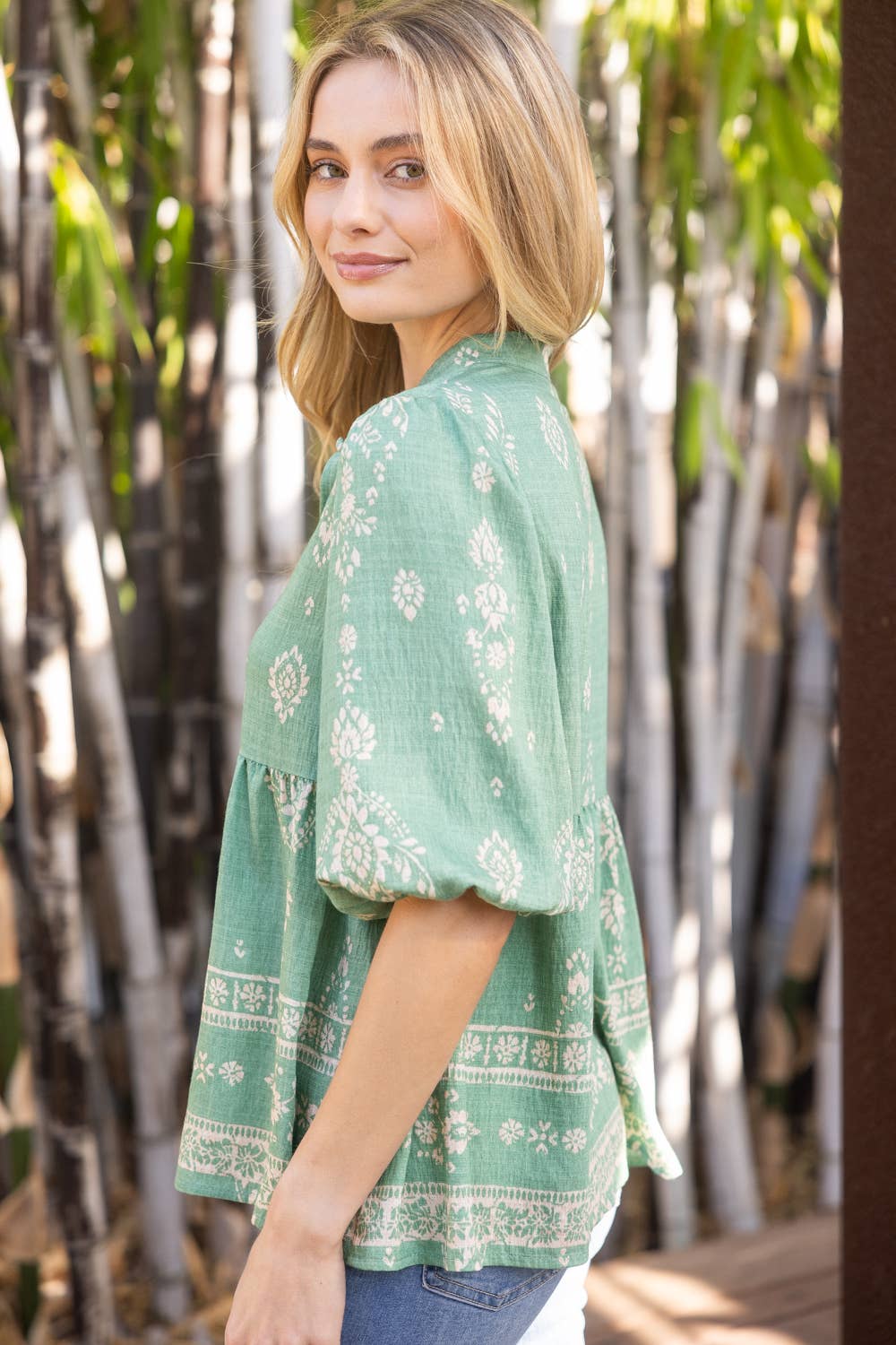 Peplum Boarder Print Cover Button Top