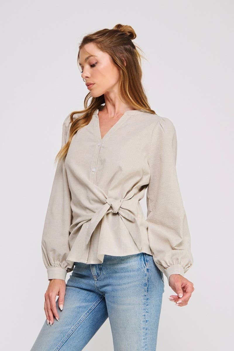 Striped cotton blend side wrap-tie button up blouse: NATURAL WHT, M