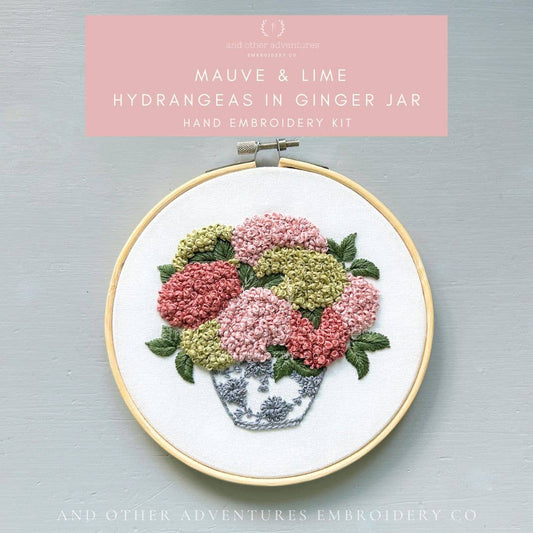 Hand Embroidery Kit - Mauve & Lime Hydrangeas in Ginger Jar