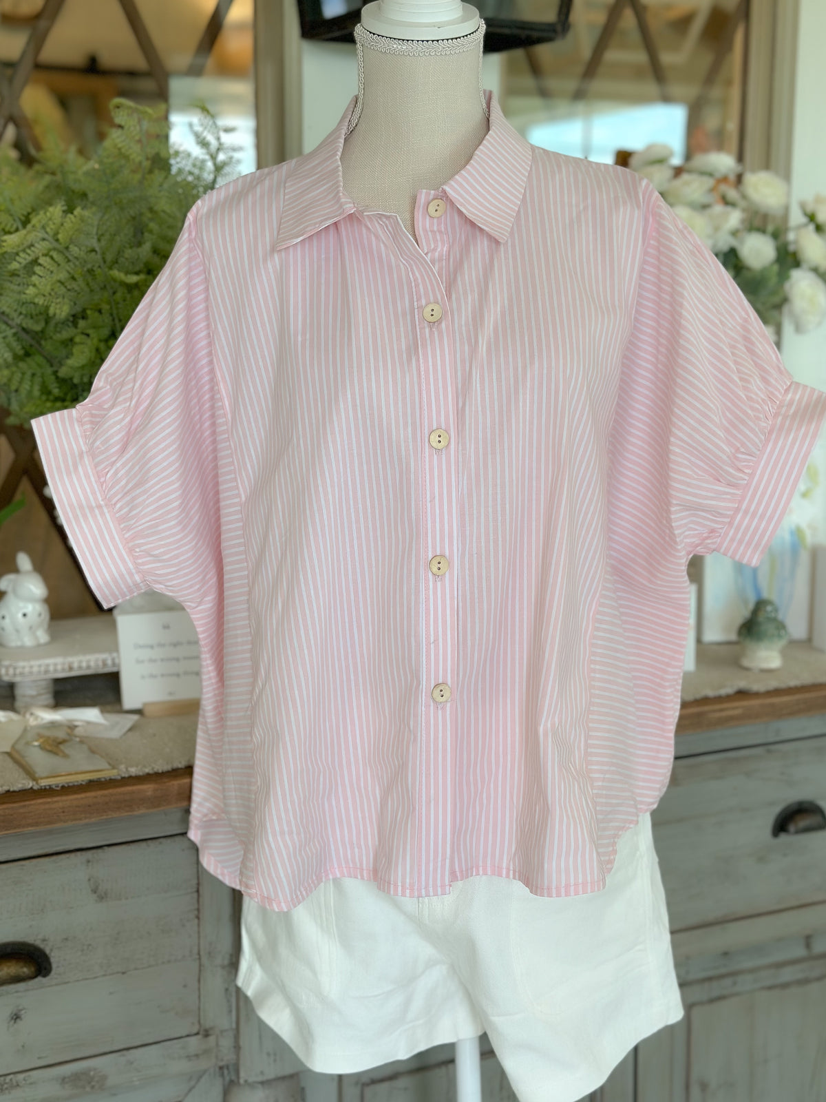 Pink/White Stripe Collared Dolman Short Sleeve Top