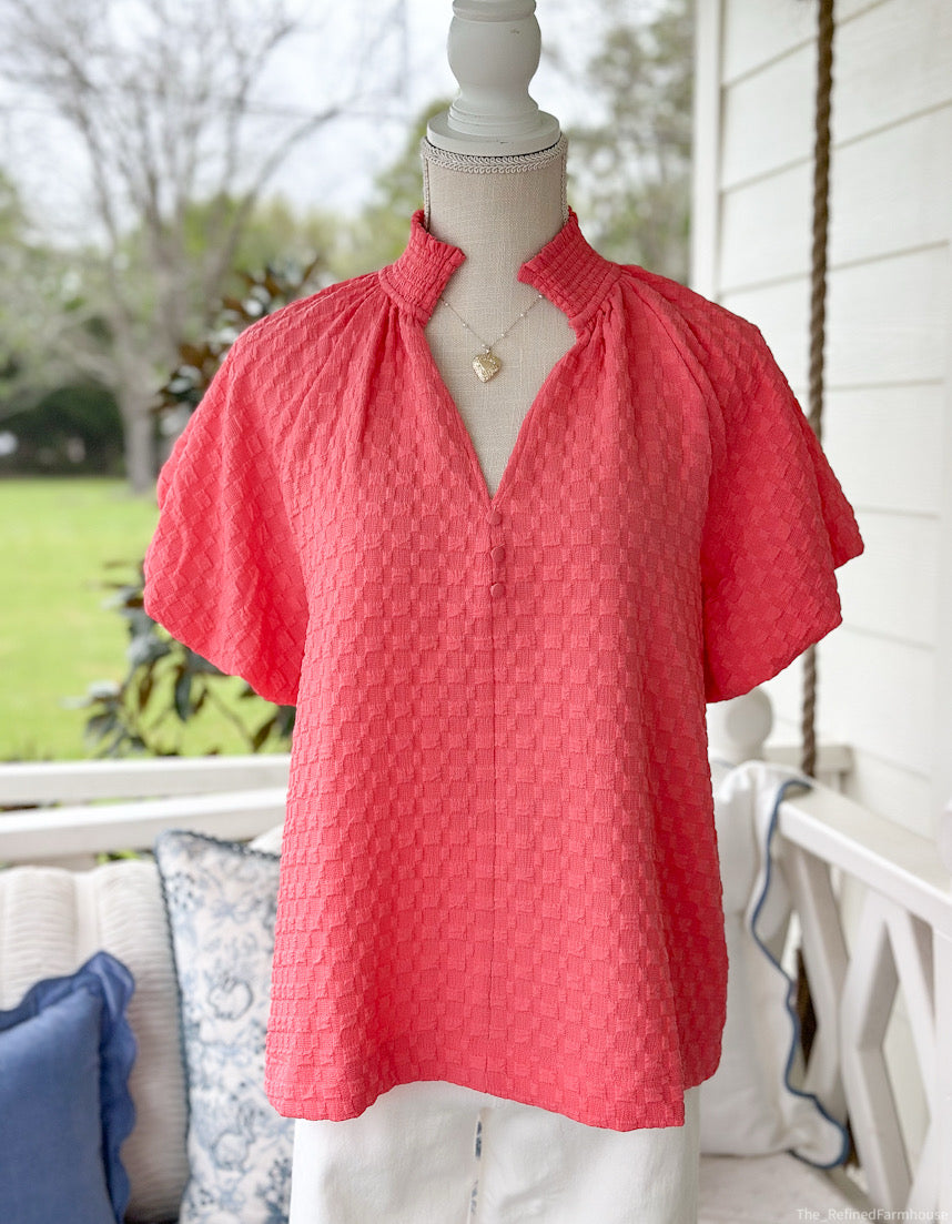 Coral Jacquard Ruffle Top