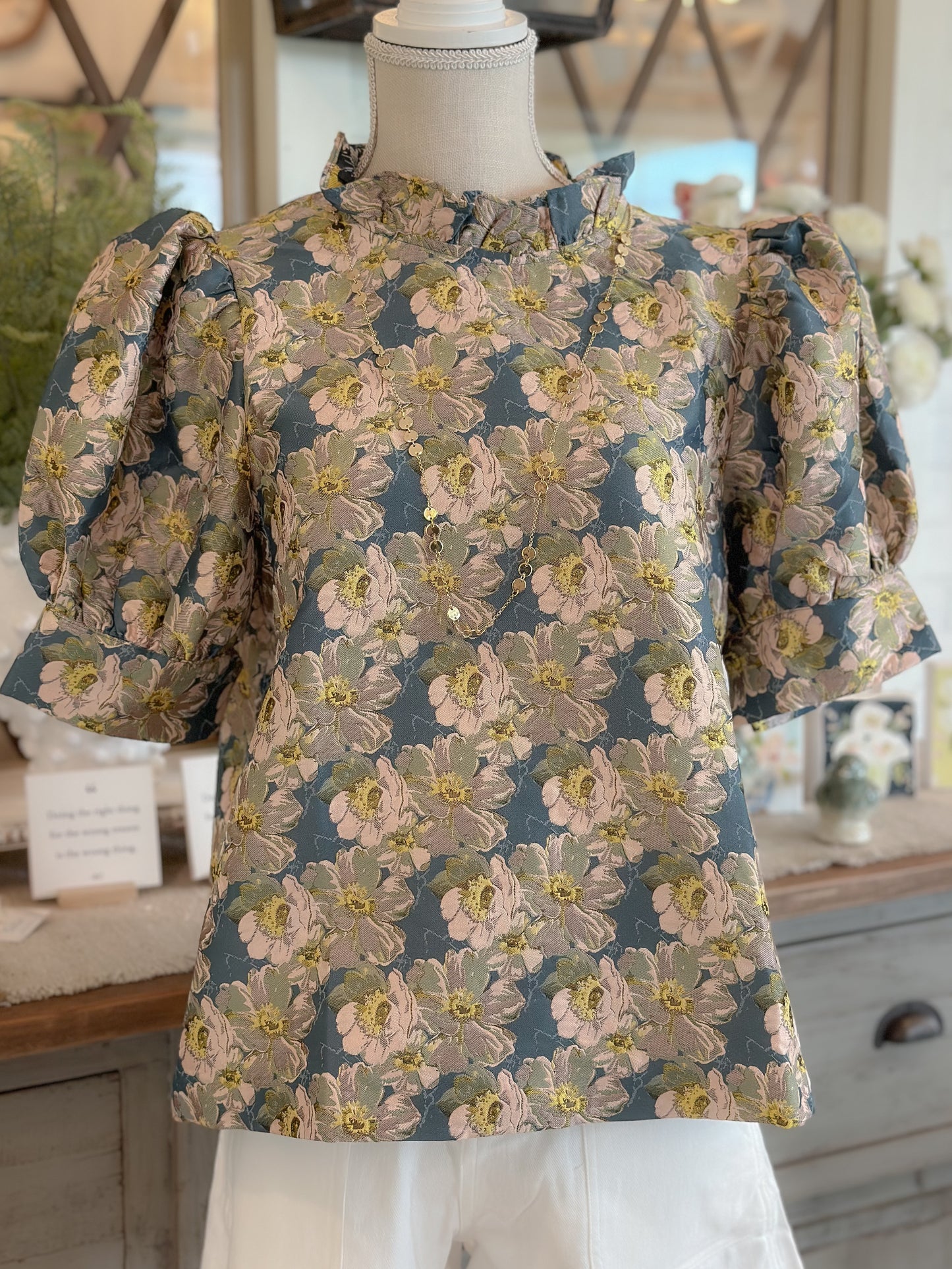 Slate Floral print jacquard ruffle neck puff sleeve top